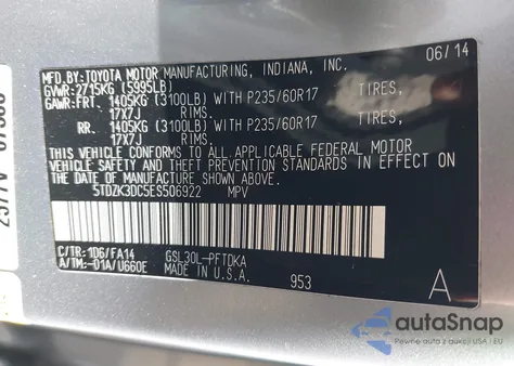 2014 Toyota Sienna L V6 7 Passenger from USA, damaged, VIN 5TDZK3DC5ES506922